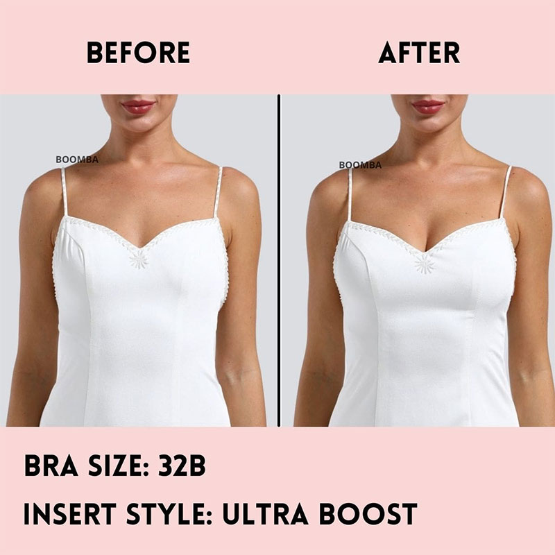 Wowan wearing white tops emphasizing the before and after result of wearing boomba's ultra boost bra inserts